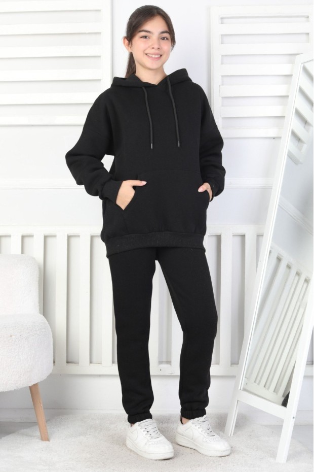 Şardonlu 3 İplik Kapşonlu Kız Çocuk Takım