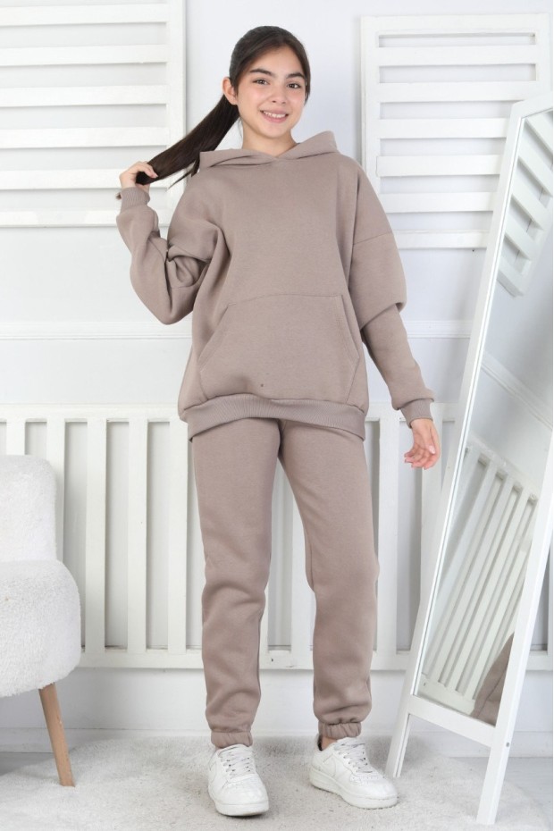 Şardonlu 3 İplik Kapşonlu Kız Çocuk Takım