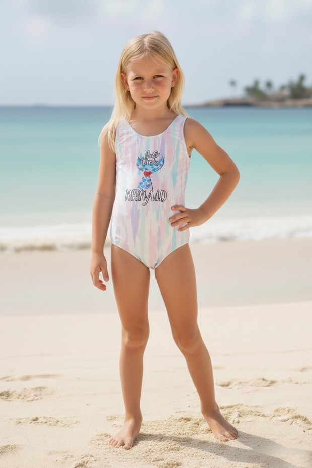 Kız Çocuk Polyester + Elastan Pastel Renkli Sulu Boya Efektli Full Time Mermaid Yazılı ve Deniz Kızı Kuyruğu Baskılı Yüzücü Mayosu
