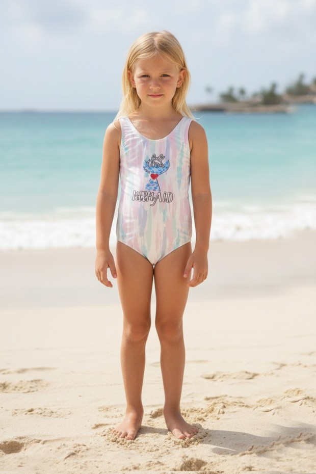 Kız Çocuk Polyester + Elastan Pastel Renkli Sulu Boya Efektli Full Time Mermaid Yazılı ve Deniz Kızı Kuyruğu Baskılı Yüzücü Mayosu