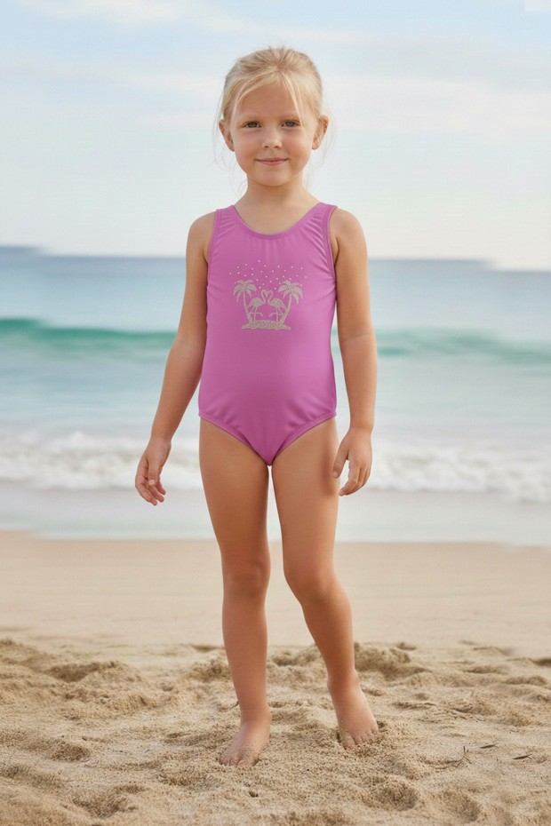 Kız Çocuk Polyester + Elastan Flamingo Desenli ve Taş İşlemeli Yüzücü Mayosu