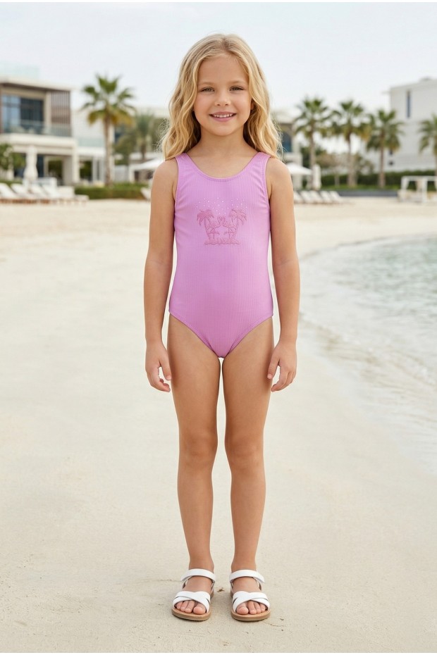 Kız Çocuk Polyester + Elastan Flamingo Desenli ve Taş İşlemeli Yüzücü Mayosu