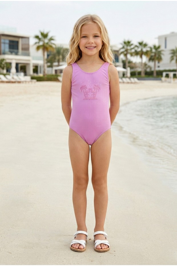 Kız Çocuk Polyester + Elastan Flamingo Desenli ve Taş İşlemeli Yüzücü Mayosu