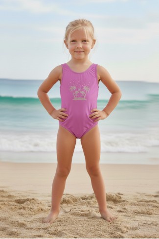 Kız Çocuk Polyester + Elastan Flamingo Desenli ve Taş İşlemeli Yüzücü Mayosu