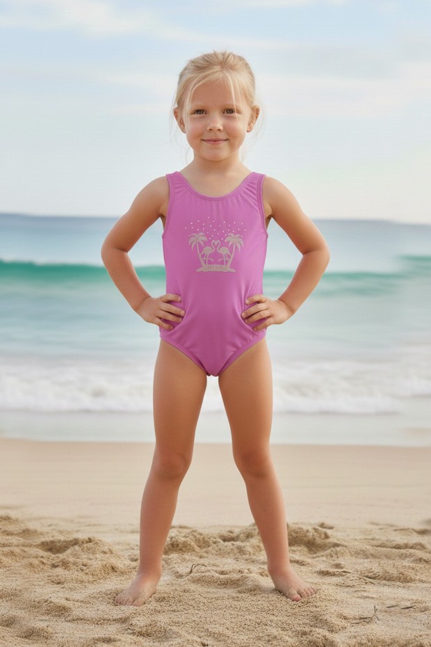 Kız Çocuk Polyester + Elastan Flamingo Desenli ve Taş İşlemeli Yüzücü Mayosu