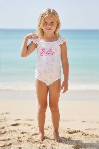 Kız Çocuk Polyester + Elastan Lisanslı Omuzdan Fırfır Detaylı Tropikal Palmiye Desenli Yüzücü Mayosu