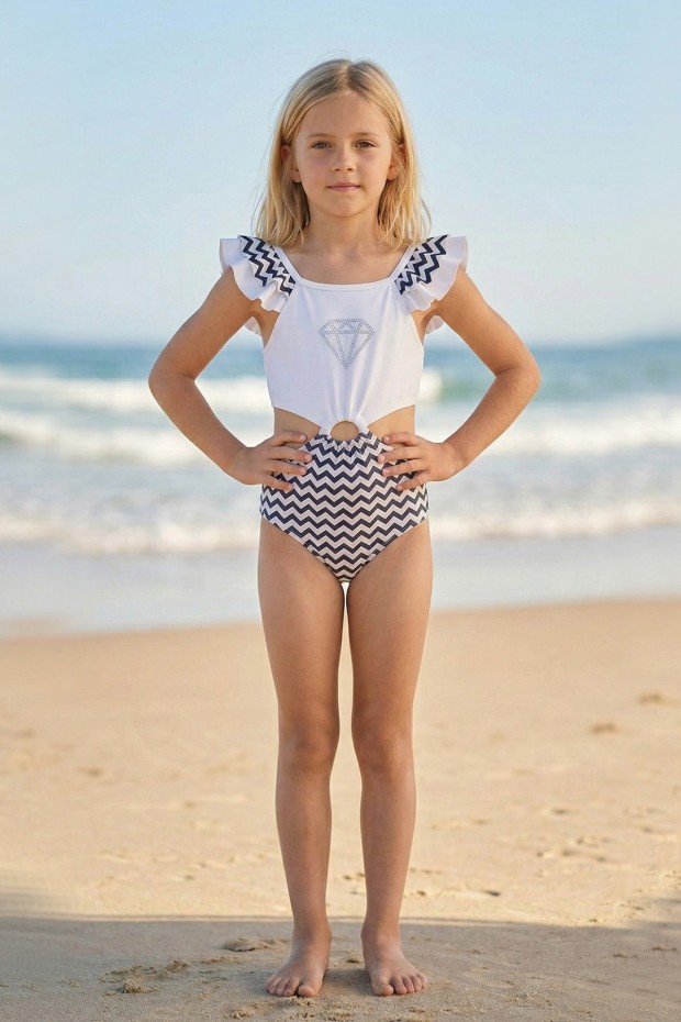 Garson Kız Çocuk Polyester + Elastan  Omuzdan Fırfır Detaylı Elmas Taş Baskılı Zigzag Desenli Yüzücü Mayosu