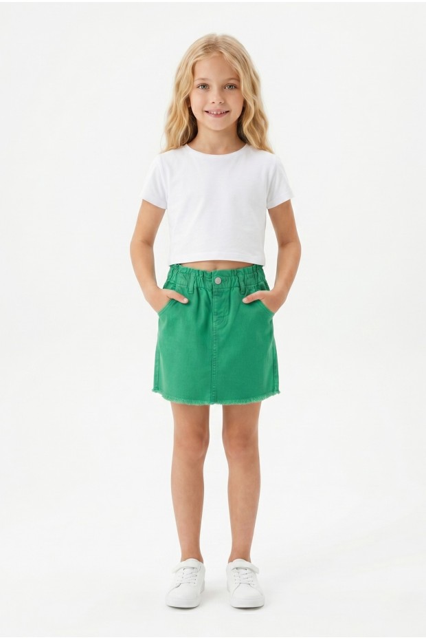 Kız Çocuk Beli Lastikli ve Saçaklı100% pamuk Gabardin Kumaş Kot Etek