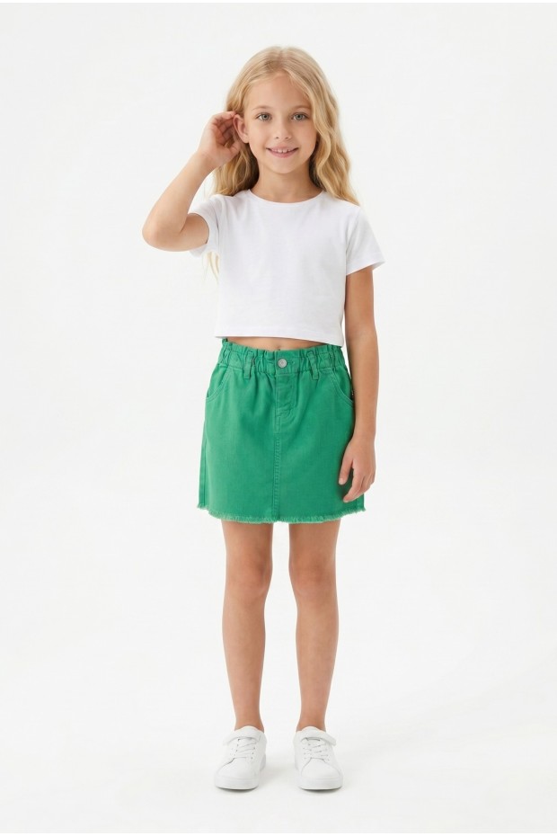 Kız Çocuk Beli Lastikli ve Saçaklı100% pamuk Gabardin Kumaş Kot Etek