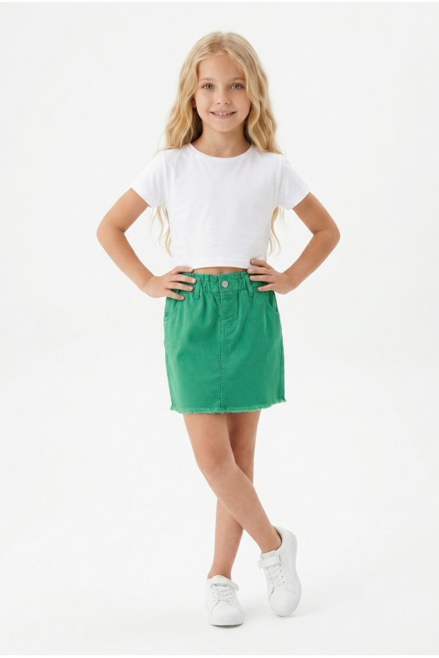 Kız Çocuk Beli Lastikli ve Saçaklı100% pamuk Gabardin Kumaş Kot Etek