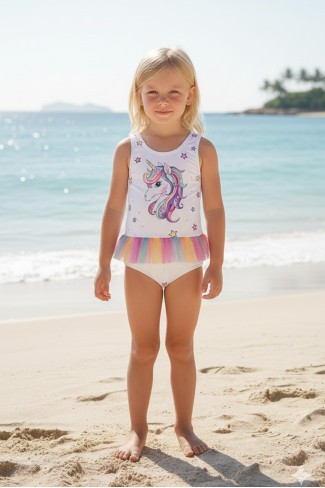 Kız Çocuk Polyester + Elastan Gökkuşağı Tüllü  Baskılı Yıldız Desenli Yüzücü Mayosu