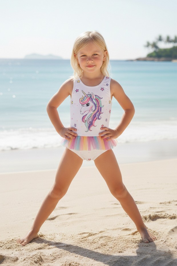 Kız Çocuk Polyester + Elastan Gökkuşağı Tüllü  Baskılı Yıldız Desenli Yüzücü Mayosu