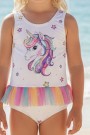 Kız Çocuk Polyester + Elastan Gökkuşağı Tüllü  Baskılı Yıldız Desenli Yüzücü Mayosu