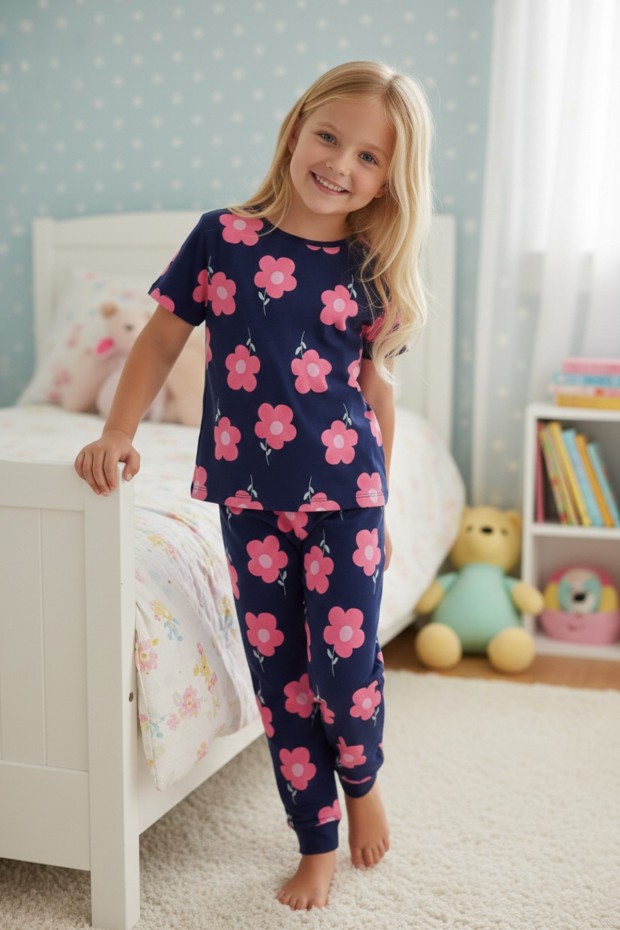 Kız Çocuk Çiçek Baskılı %100 Pamuk Süprem Kumaş Uzun Kollu Pijama Takımı 