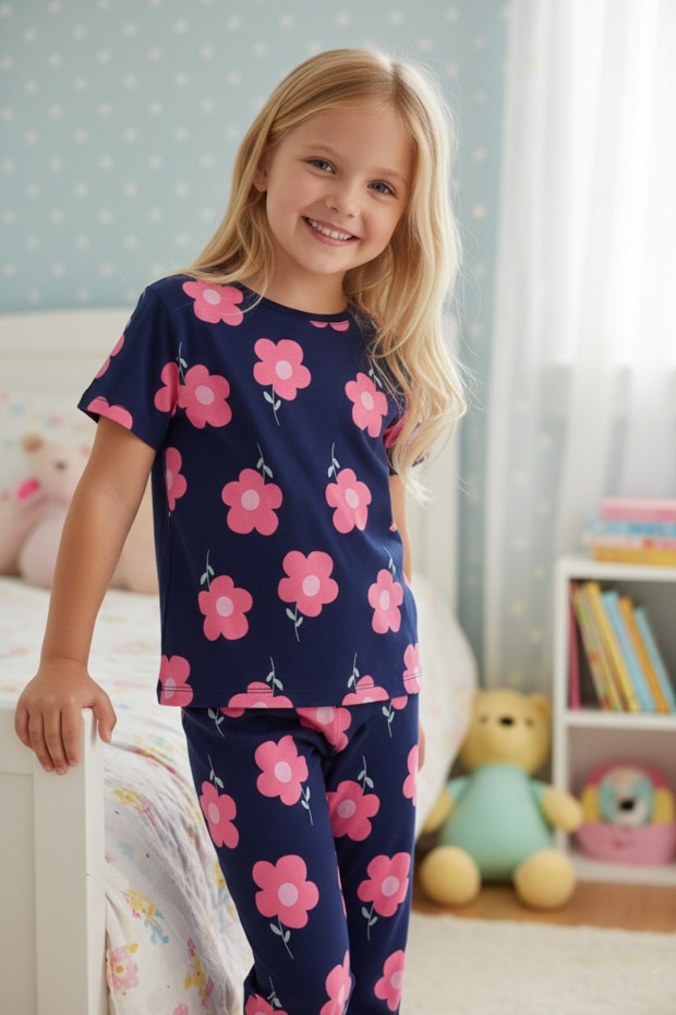 Kız Çocuk Çiçek Baskılı %100 Pamuk Süprem Kumaş Uzun Kollu Pijama Takımı 