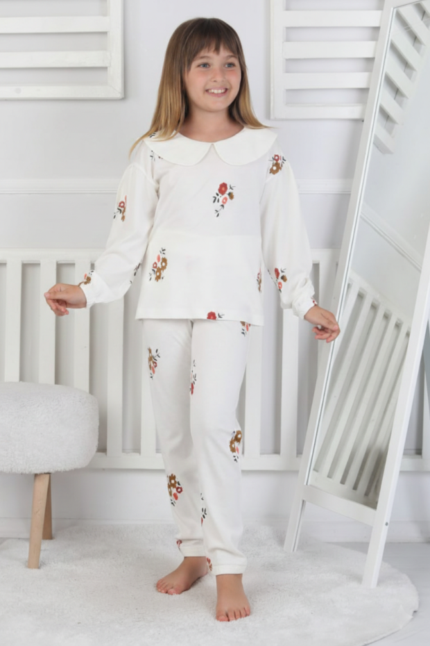 Kız Çocuk Çiçek Baskılı %100 Pamuk Süprem Kumaş Uzun Kollu Pijama Takımı