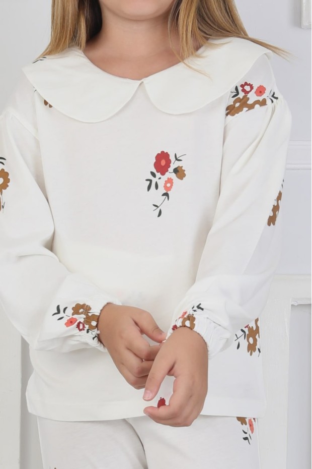 Kız Çocuk Çiçek Baskılı %100 Pamuk Süprem Kumaş Uzun Kollu Pijama Takımı