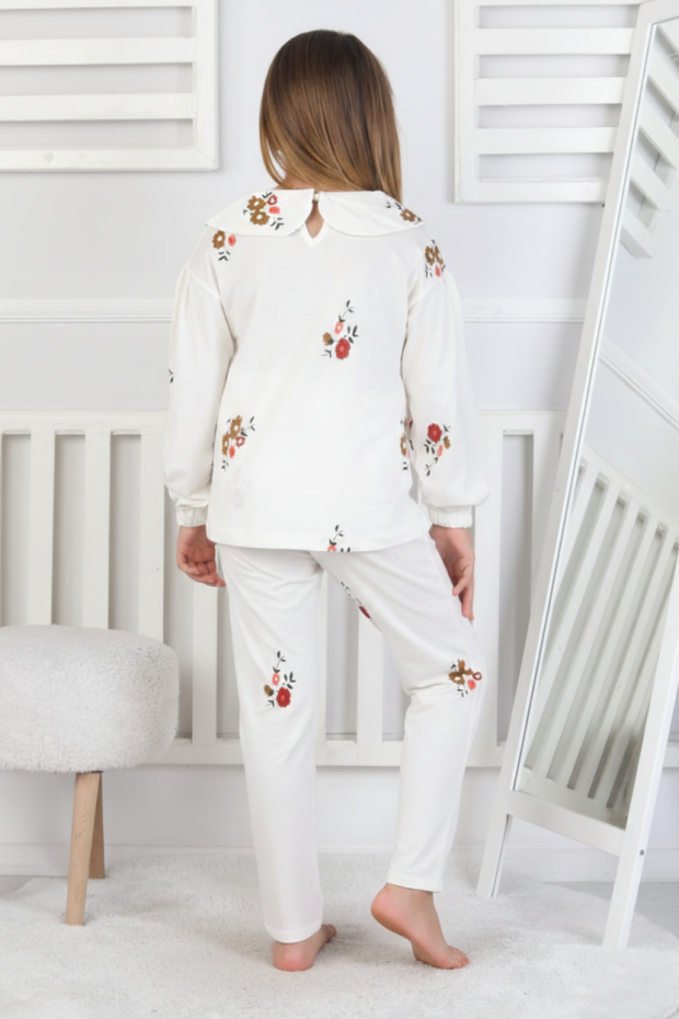 Kız Çocuk Çiçek Baskılı %100 Pamuk Süprem Kumaş Uzun Kollu Pijama Takımı