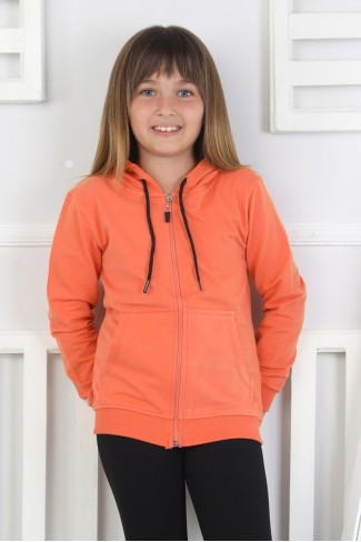 Kız Çocuk Fermuarlı Kapüşonlu Kanguru Cepli Düz Fırçalı İki İplik Sweatshirt