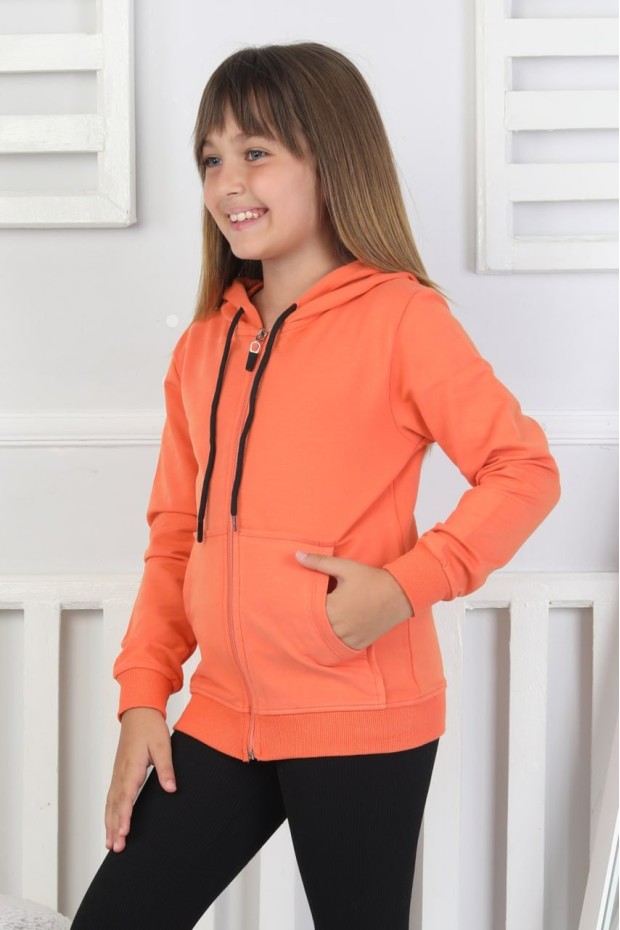 Kız Çocuk Fermuarlı Kapüşonlu Kanguru Cepli Düz Fırçalı İki İplik Sweatshirt
