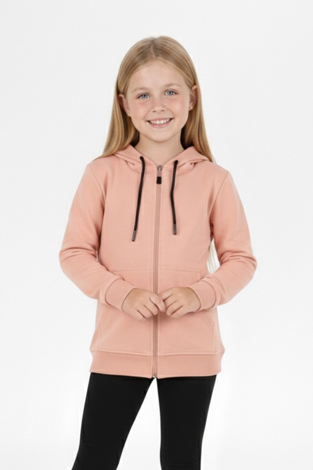 Kız Çocuk Fermuarlı Kapüşonlu Kanguru Cepli Düz Fırçalı İki İplik Sweatshirt