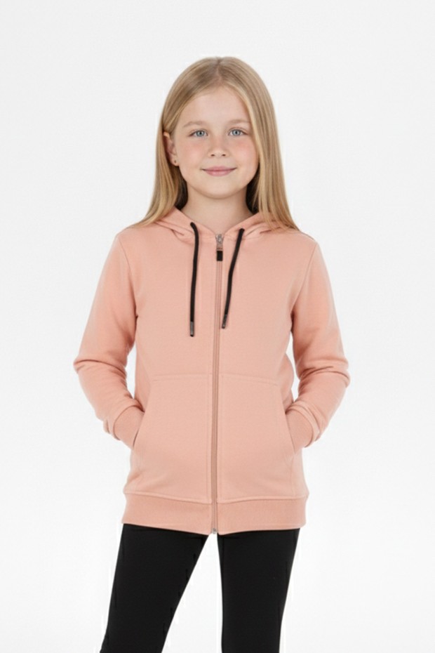Kız Çocuk Fermuarlı Kapüşonlu Kanguru Cepli Düz Fırçalı İki İplik Sweatshirt