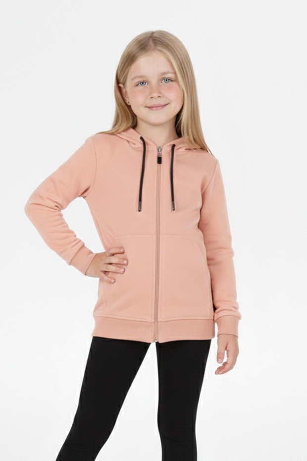 Kız Çocuk Fermuarlı Kapüşonlu Kanguru Cepli Düz Fırçalı İki İplik Sweatshirt