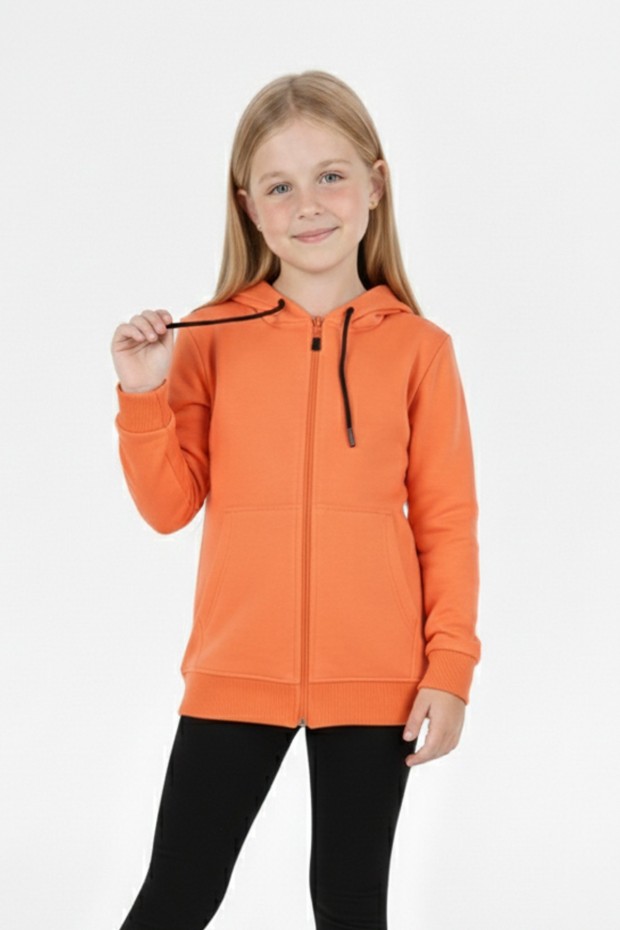 Kız Çocuk Fermuarlı Kapüşonlu Kanguru Cepli Düz Fırçalı İki İplik Sweatshirt