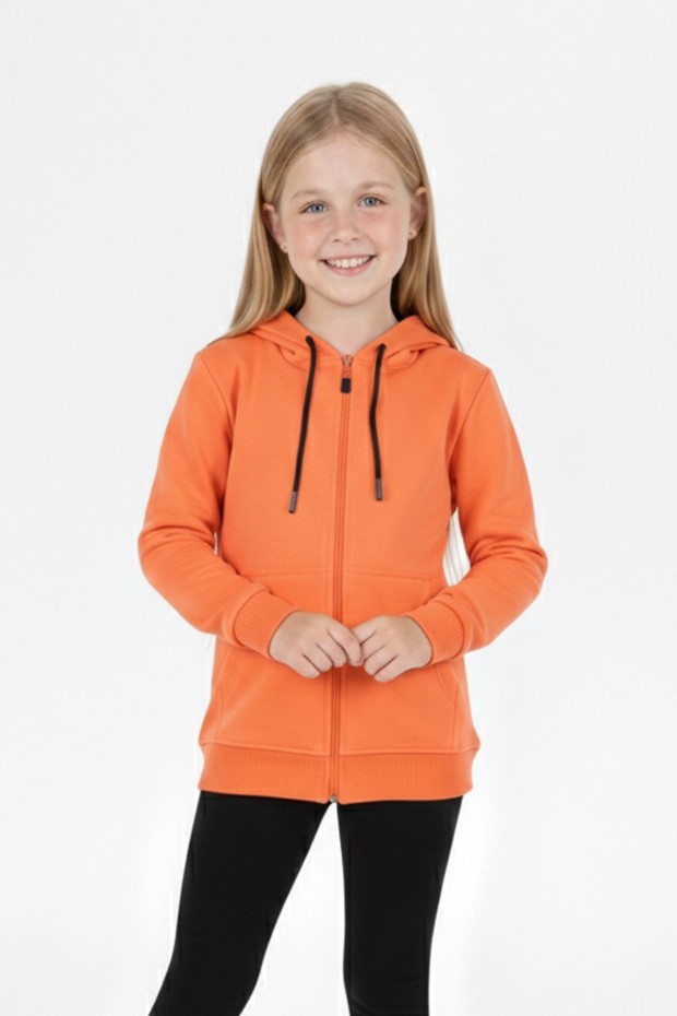 Kız Çocuk Fermuarlı Kapüşonlu Kanguru Cepli Düz Fırçalı İki İplik Sweatshirt