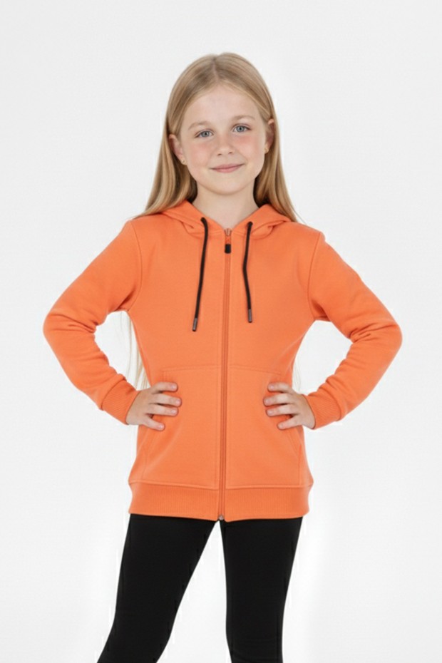 Kız Çocuk Fermuarlı Kapüşonlu Kanguru Cepli Düz Fırçalı İki İplik Sweatshirt