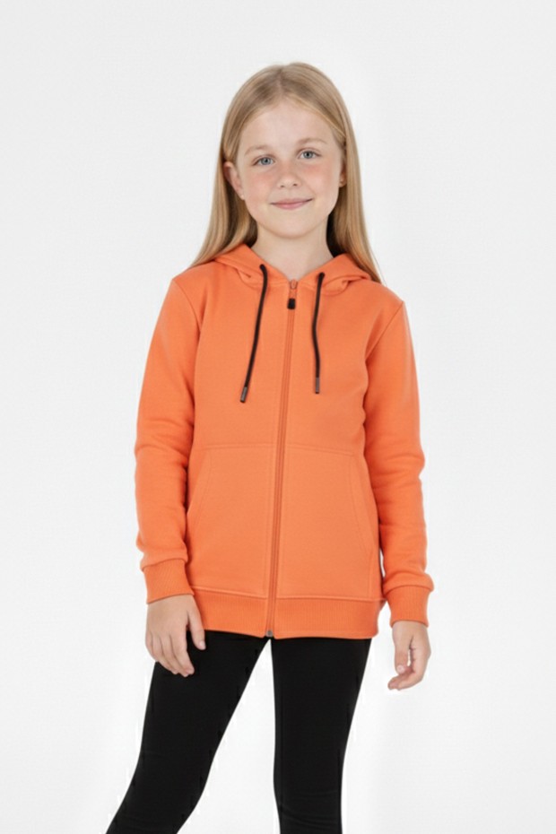 Kız Çocuk Fermuarlı Kapüşonlu Kanguru Cepli Düz Fırçalı İki İplik Sweatshirt