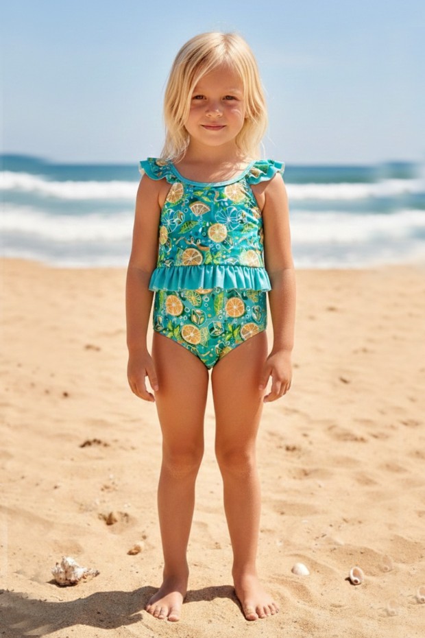 Kız Çocuk Polyester + Elastan Limon ve Buz Desenli Omuzdan Fırfır Detaylı Yüzücü Mayosu