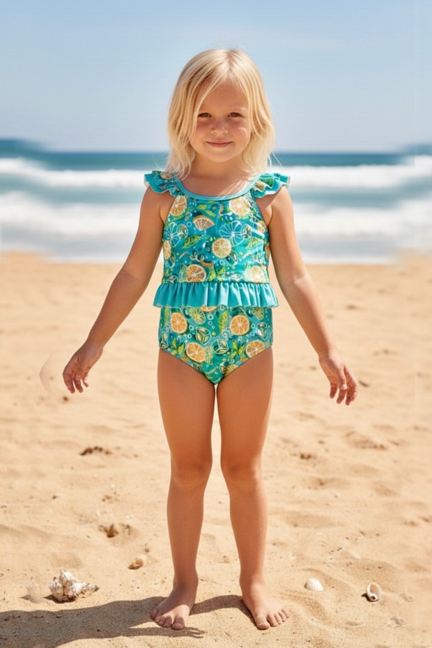 Kız Çocuk Polyester + Elastan Limon ve Buz Desenli Omuzdan Fırfır Detaylı Yüzücü Mayosu