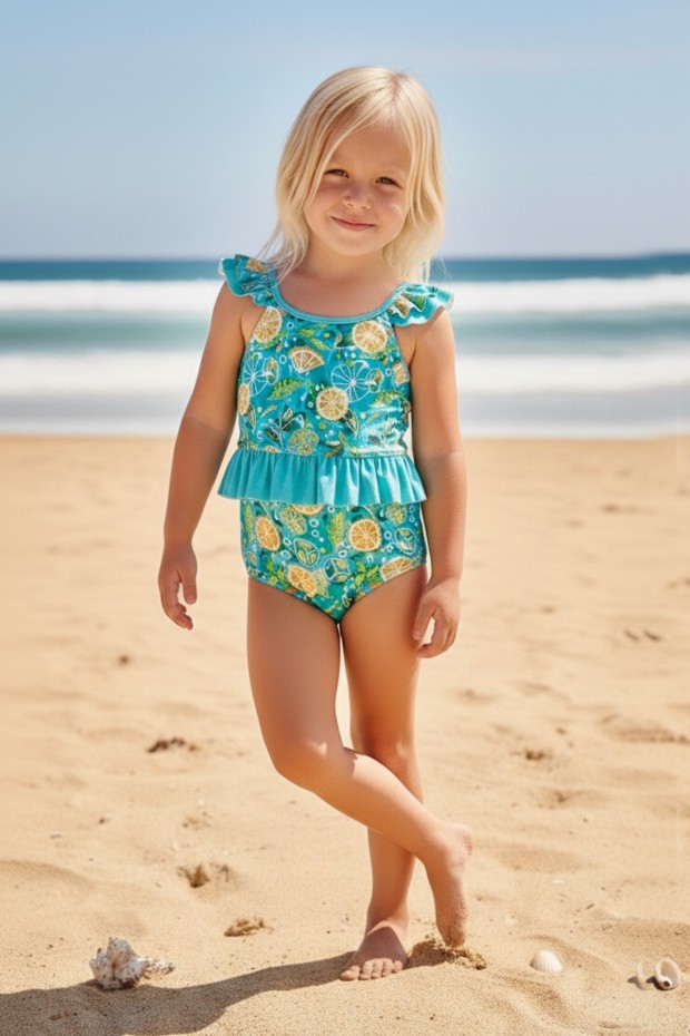 Kız Çocuk Polyester + Elastan Limon ve Buz Desenli Omuzdan Fırfır Detaylı Yüzücü Mayosu