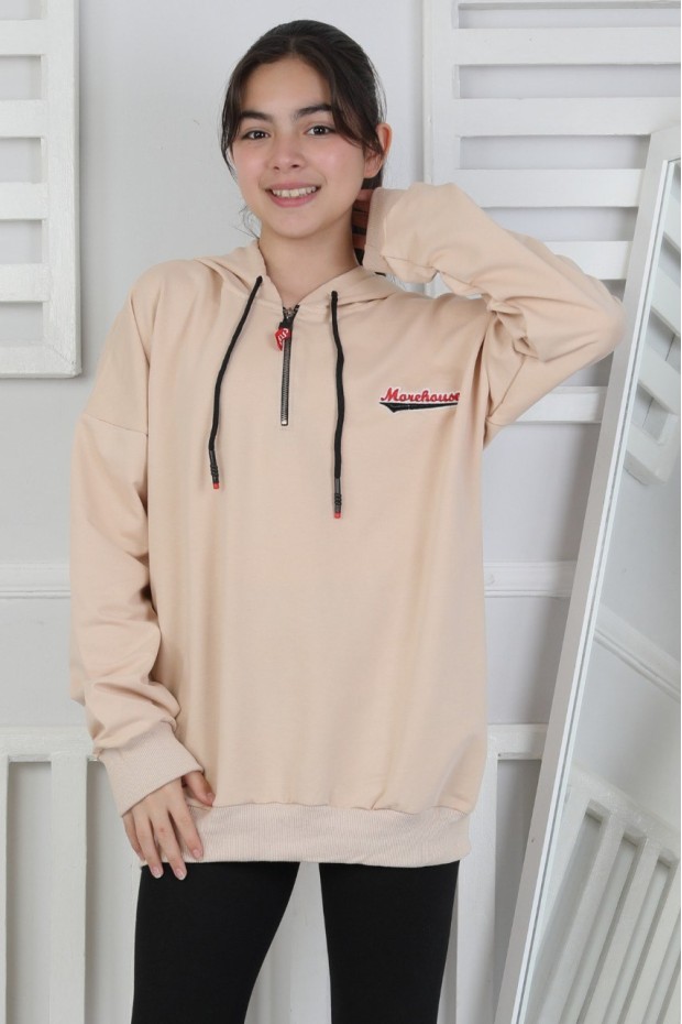 Baskılı Fermuarlı Kapüşonlu Kız Çocuk Sweatshirt