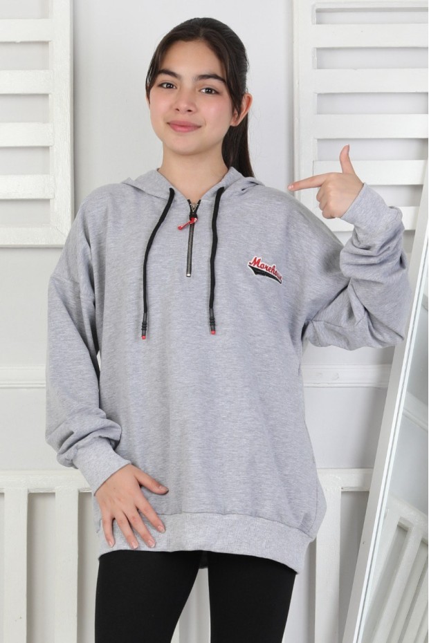 Baskılı Fermuarlı Kapüşonlu Kız Çocuk Sweatshirt