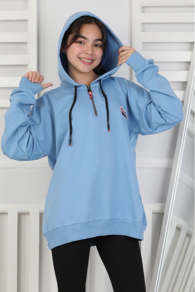 Baskılı Fermuarlı Kapüşonlu Kız Çocuk Sweatshirt