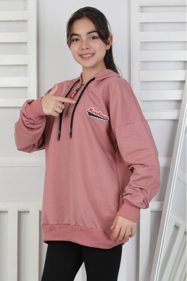 Baskılı Fermuarlı Kapüşonlu Kız Çocuk Sweatshirt