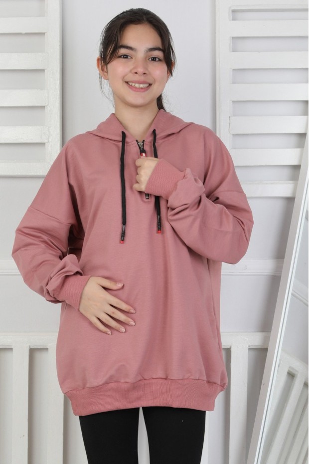 Baskılı Fermuarlı Kapüşonlu Kız Çocuk Sweatshirt