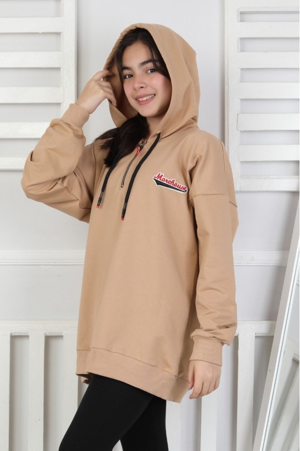 Baskılı Fermuarlı Kapüşonlu Kız Çocuk Sweatshirt