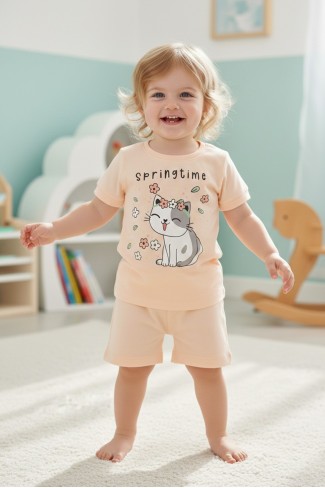 Bebek Sevimli Kedi Ve Çiçek Baskılı Kısa Kollu Tişört Ve Şortlu Yazlık Takım 