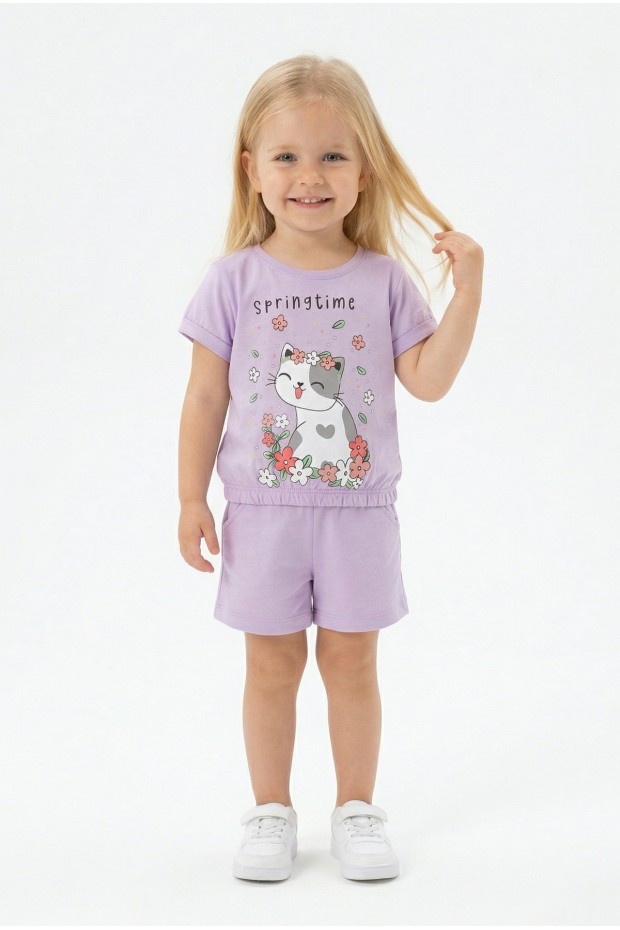 Bebek Sevimli Kedi Ve Çiçek Baskılı Kısa Kollu Tişört Ve Şortlu Yazlık Takım