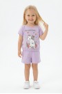 Bebek Sevimli Kedi Ve Çiçek Baskılı Kısa Kollu Tişört Ve Şortlu Yazlık Takım
