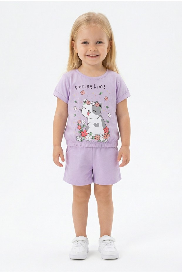 Bebek Sevimli Kedi Ve Çiçek Baskılı Kısa Kollu Tişört Ve Şortlu Yazlık Takım