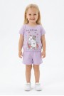 Bebek Sevimli Kedi Ve Çiçek Baskılı Kısa Kollu Tişört Ve Şortlu Yazlık Takım