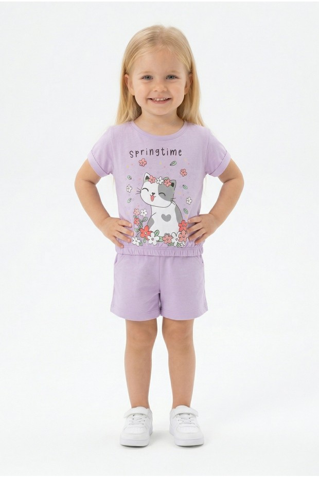 Bebek Sevimli Kedi Ve Çiçek Baskılı Kısa Kollu Tişört Ve Şortlu Yazlık Takım