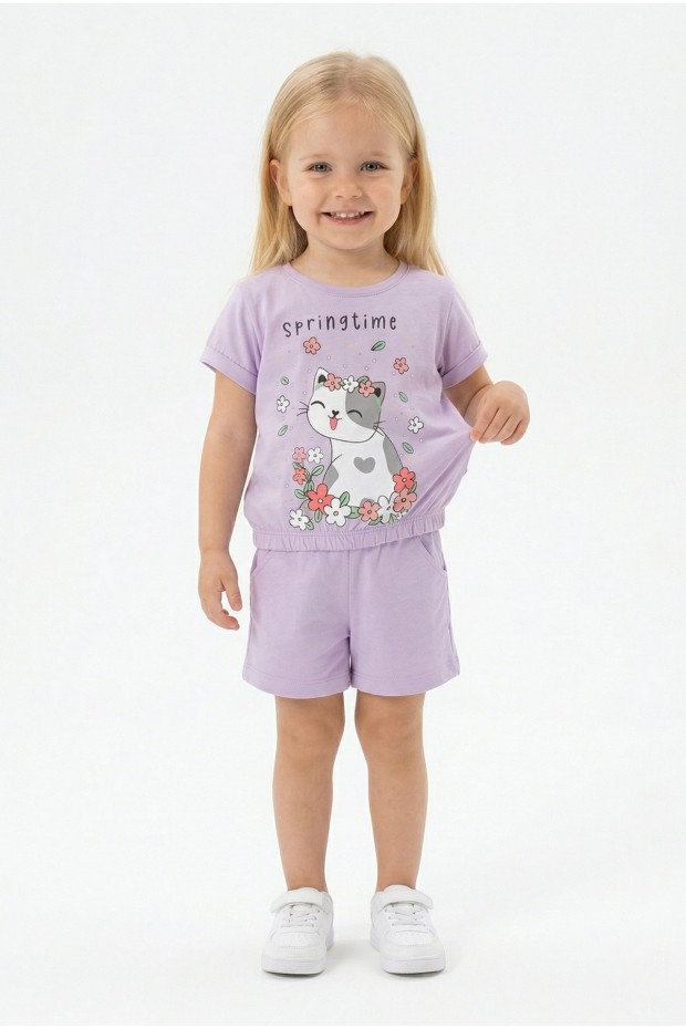 Bebek Sevimli Kedi Ve Çiçek Baskılı Kısa Kollu Tişört Ve Şortlu Yazlık Takım