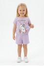 Bebek Sevimli Kedi Ve Çiçek Baskılı Kısa Kollu Tişört Ve Şortlu Yazlık Takım