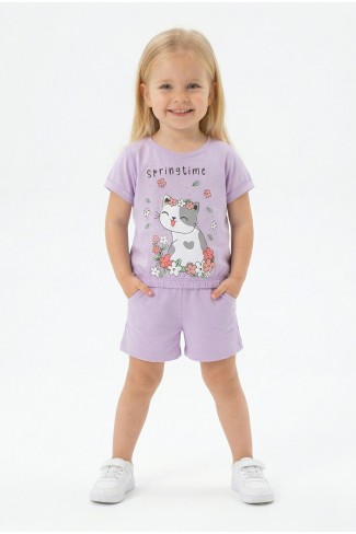 Bebek Sevimli Kedi Ve Çiçek Baskılı Kısa Kollu Tişört Ve Şortlu Yazlık Takım