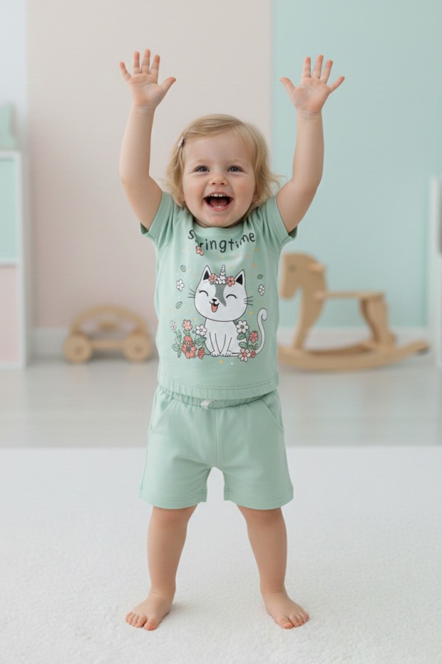 Bebek Sevimli Kedi Ve Çiçek Baskılı Kısa Kollu Tişört Ve Şortlu Yazlık Takım  